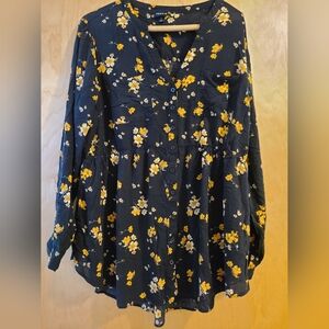 Torrid Blouse Black Yellow Floral Button Up Long Sleeve Women’s Size 1